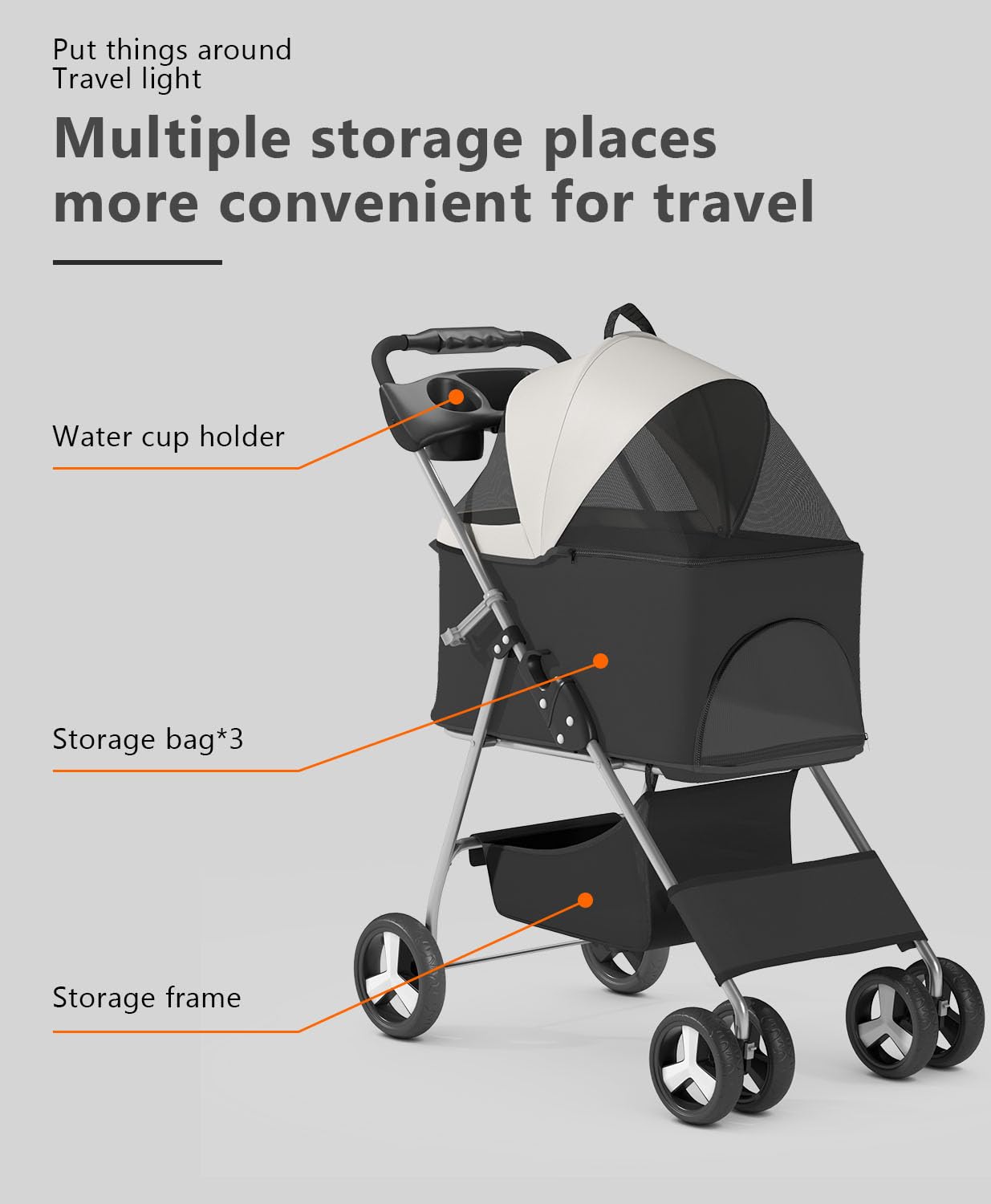 Pet Stroller with 4 Wheels for Small/Medium Pets,Travel Foldable Detachable Carrier for Dog Cat Cage Jogger Stroller, Rear Wheel Breaks, Storage Basket, Visible Mesh Weather Cover (Black)
