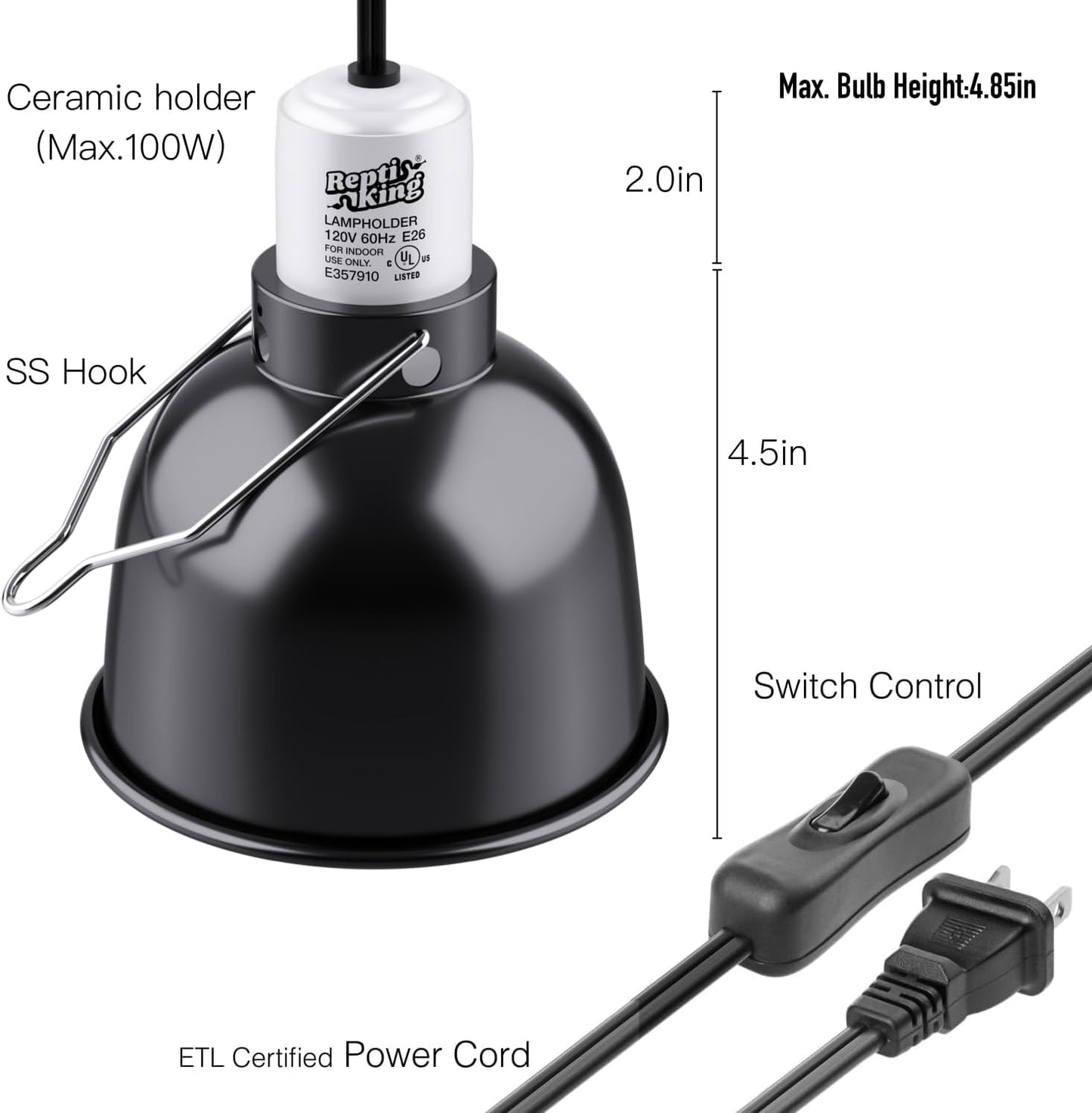 Reptile Light Fixture, 5.5'' Standard Dome for Reptile Basking Bulb Light/Heat Lamp/Ceramic Heat Emitter, 5.5 Inch Light Dome