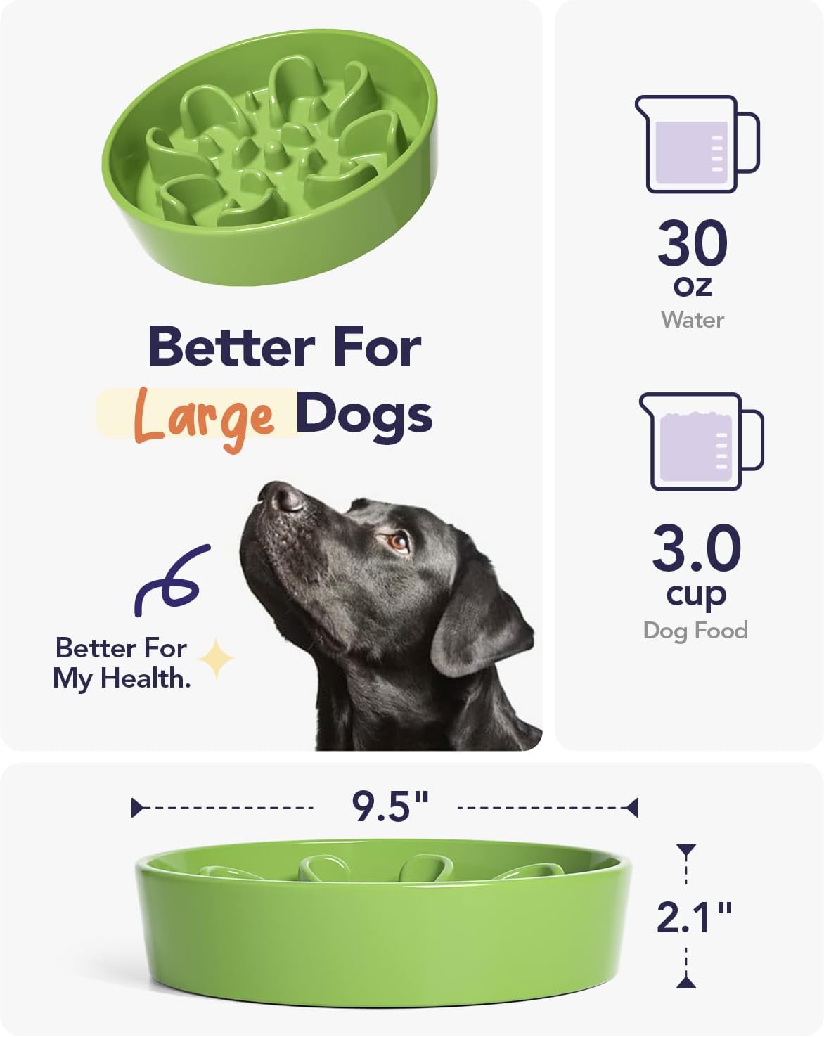 LE TAUCI Slow Feeder Dog Bowls Ceramic, 3 Cups Slow Feeding Dog Bowl Medium Large Breed, Pet Bowl for Fast Eaters, Puzzle Pet Dishes,Clover Green