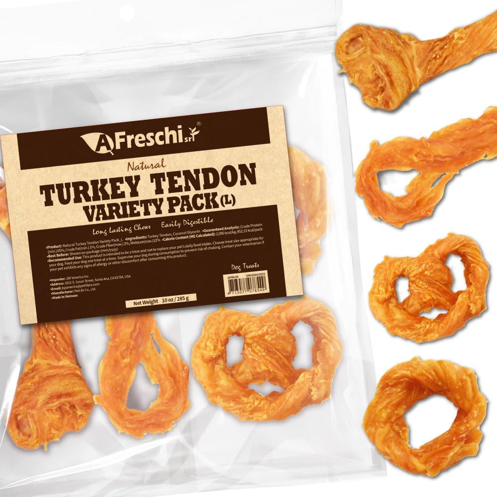 AFreschi Turkey Tendons for Dogs, USA-Sourced, Healthy Dog Treats, Rawhide-Free Puppy Chews, Long Lasting, All Natural, Hypoallergenic Dog Treats for Large Breeds, 10 oz Pack Variety (L)