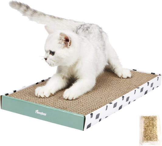 PAWSFANS Cat Scratcher Cardboard Scratch Pad with Box Durable Corrugate Scratching Kitty Sofa Lounge Bed Reversible Catnip Included for Indoor Cats,Large(Box, 1pcs)