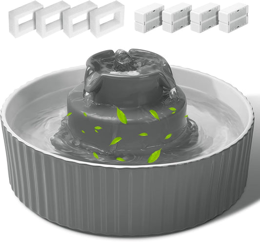 Ceramic Cat Water Fountain, 2.1L/70oz Porcelain Pet Drinking Dispenser with 4 Set Replacement Filter & Sponge, Automatic Dog Water Bowl with Ultra-Quiet Pump, Cat Feeding Watering Supplies(Grey)