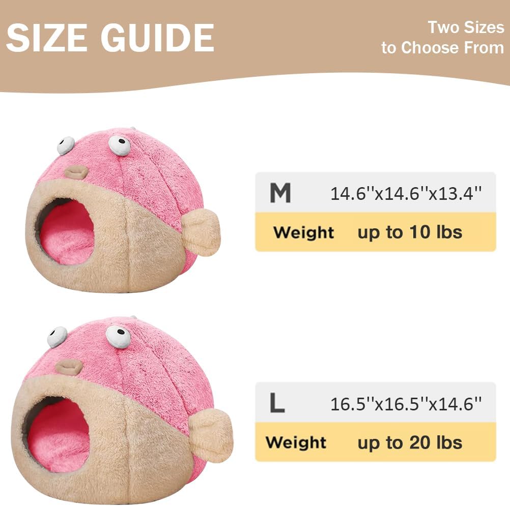 Cat Beds for Indoor Cats - Cat Bed Cave with Removable Washable Cushioned Pillow, Soft Plush Premium Cotton No Deformation Pet Bed, Lively Pufferfish Cat House Design, Pink, Multiple Sizes(M)
