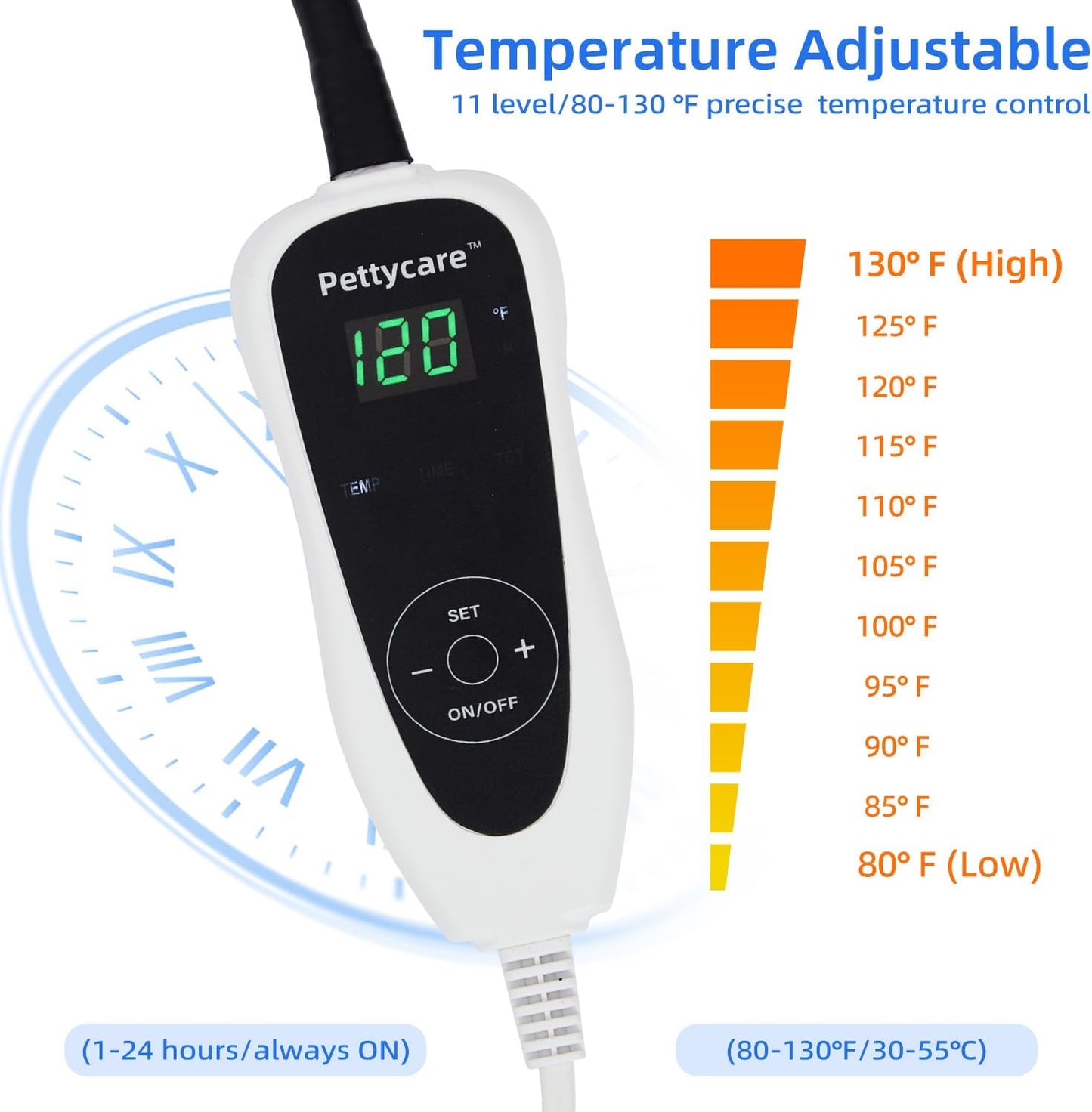 pettycare Pet Heating Pad for Dog Cat, Electric Heating with Steel-Wrapped Cord, 25-Level Timer & 11-Level Temperature Indoor Warming Pads Easy Clean for Puppy Cat Dog XXL 32x20inch