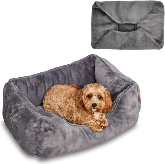 FUZI Luxury Aesthetic Dog Bed with Extra Cover for Small Dogs, Washable Pet Couch, Pet Bed with Sides, Non-Slip Bottom, Soft & Durable Calming Dog Bed, Faux Rabbit Fur, Small 25.1x16.75x9.5 Dark Grey