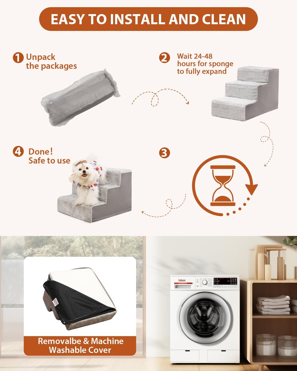 Dog Stairs for Small Dogs,13" H,3-Step Dog Steps for High Bed,Couch,Pet Stairs for Dogs and Cats Climbing with Non-Slip Bottom and Washable Cover,Light Grey