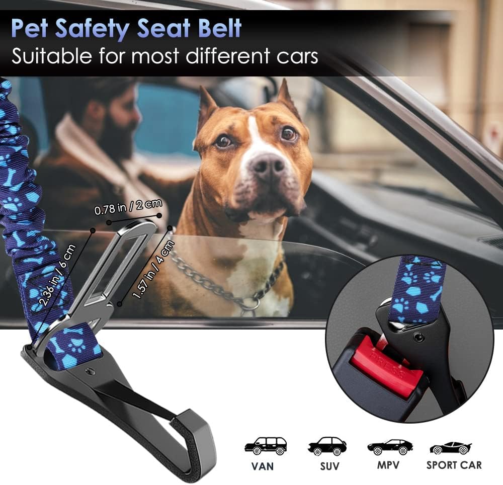 SlowTon Dog Seat Belt, Adjustable Dog Safety Belt Leash, 2 in 1 Latch Bar Attachment Dogs Car Seatbelt with Elastic Nylon Bungee Buffer, Reflective Nylon Belt Tether Connect (BL Dog Paw)