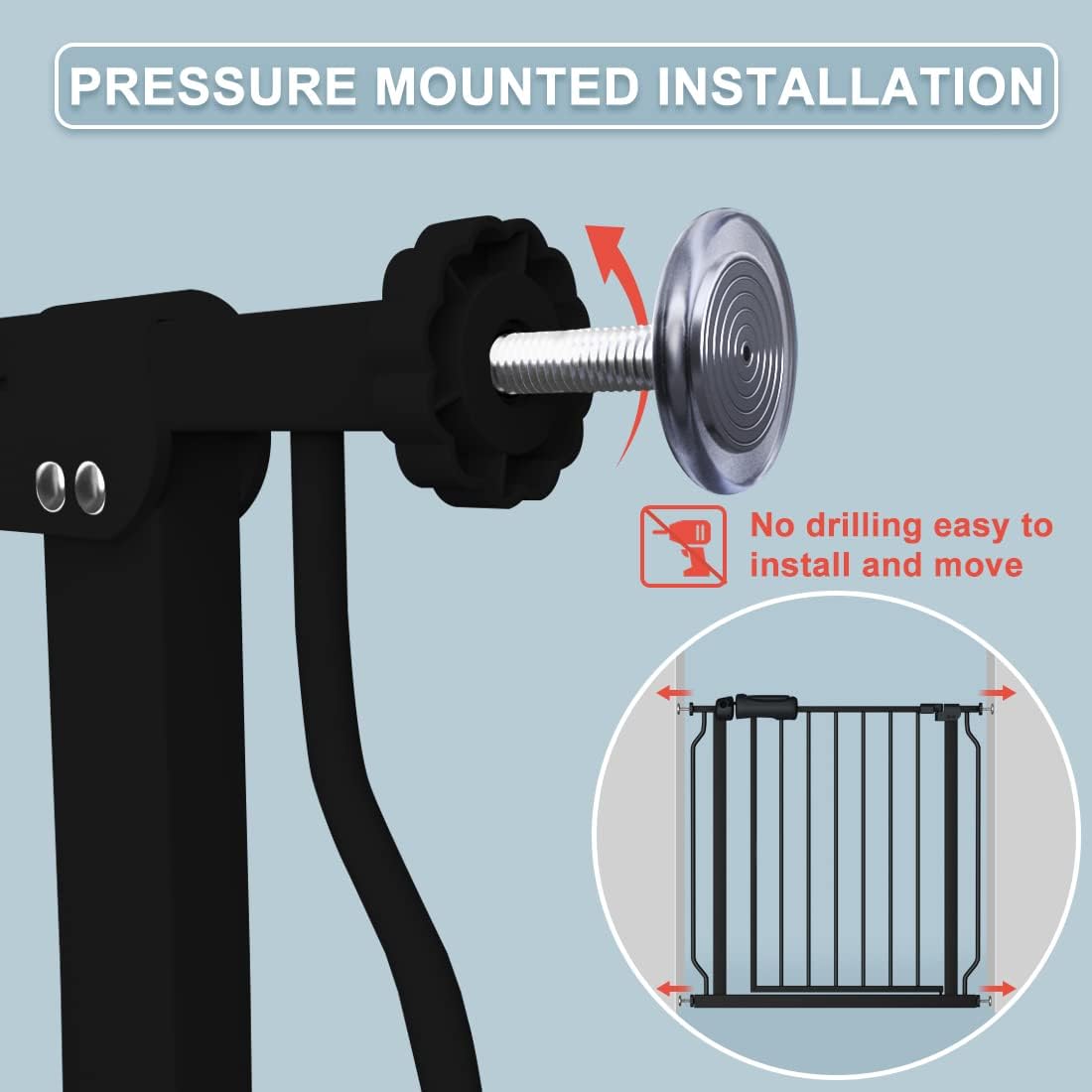 Extra Wide Baby Gate Black 53-57.5 Inch Wide Walk Through Pressure Mounted No Drill Long and Large Tension Metal Gate for Dog and Toddler