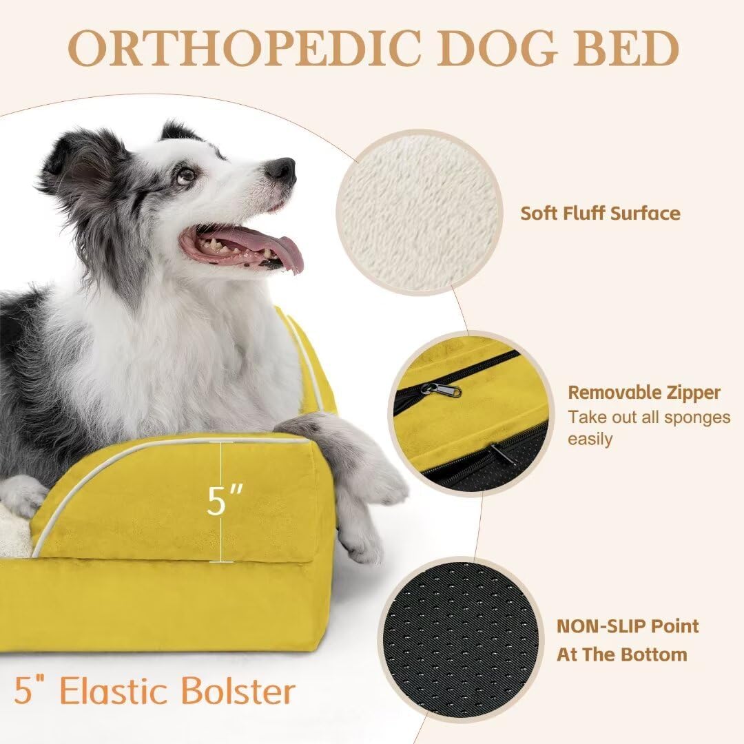 Comfort Expression Orthopedic XL Dog Beds, Waterproof Extra Large Dog Bed with Bolster, Washable Dogs Bed Sofa with Removable Cover & Non-Slip Bottom(X-Large,Spicy Mustard)