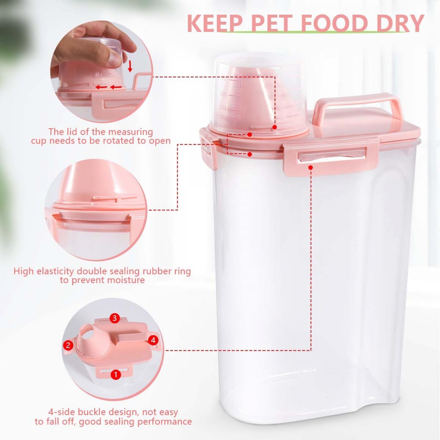 SenseYo 2.5lb Pet Food Storage Container with Measuring Cup, 3L Cat Food Storage Container Dog Food Storage BPA Free for Small Dog, Cat, Bird (Pink)
