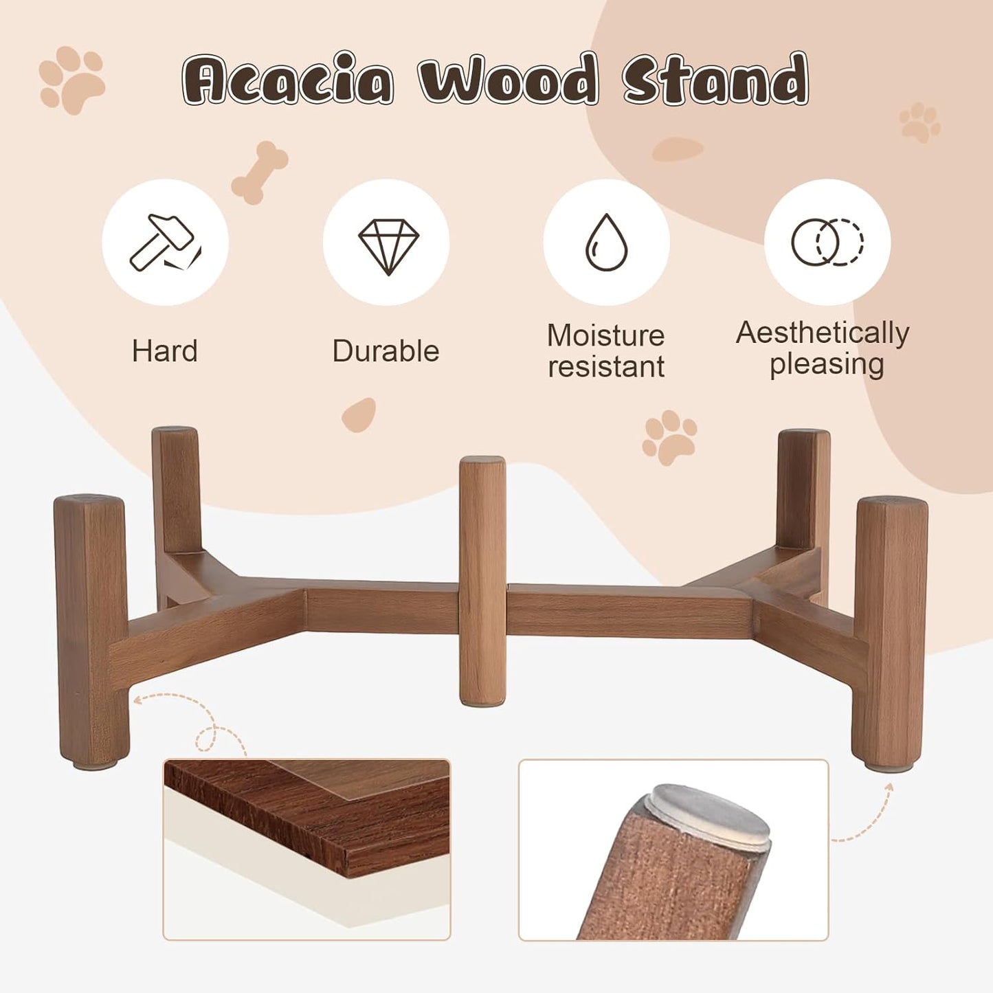 SPUNKYJUNKY Ceramic Elevated Dog Bowl Set with Acacia Wood Stand for Food and Water for Cats and Small Dogs (13.52 OZ, White, Dog Paw Pattern)