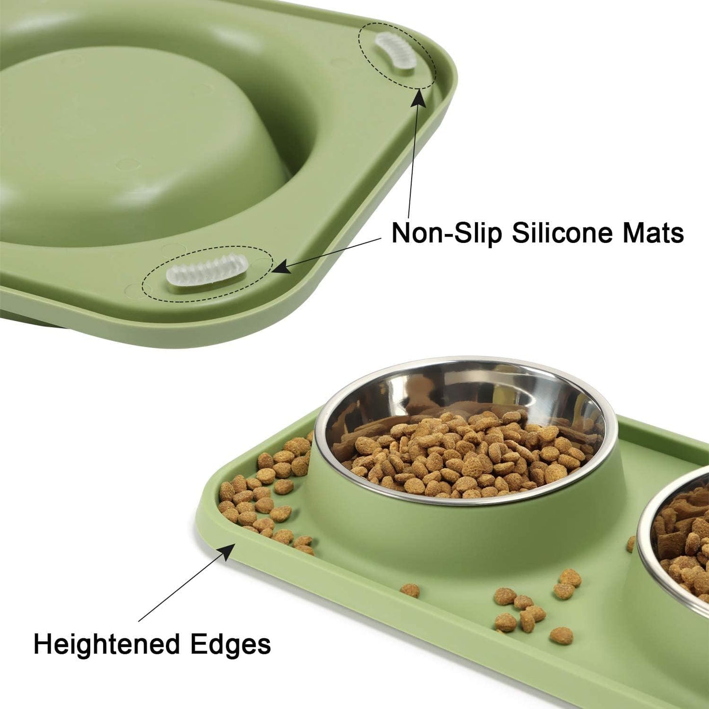 Cat Food Bowls, Cat Bowls Non-Skid and Non-Spill Silicone Pads with PP Stand, Removable Stainless Steel Food and Water Dishes for Cats, Small Size Dogs