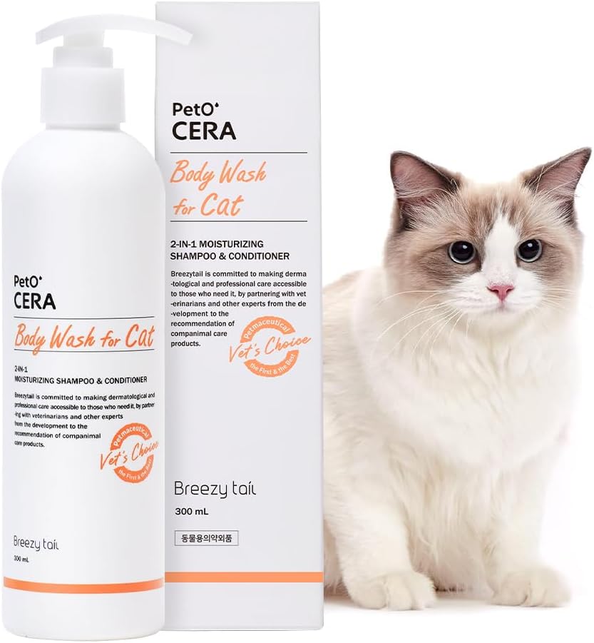 PetO’Cera All-in-One Cat Shampoo and Conditioner | Hypoallergenic Cat Skin & Coat Care | Itch Relief, Moisturizing & Rejuvenating | Veterinarian Approved and Formulated (10.1oz, 300ml)