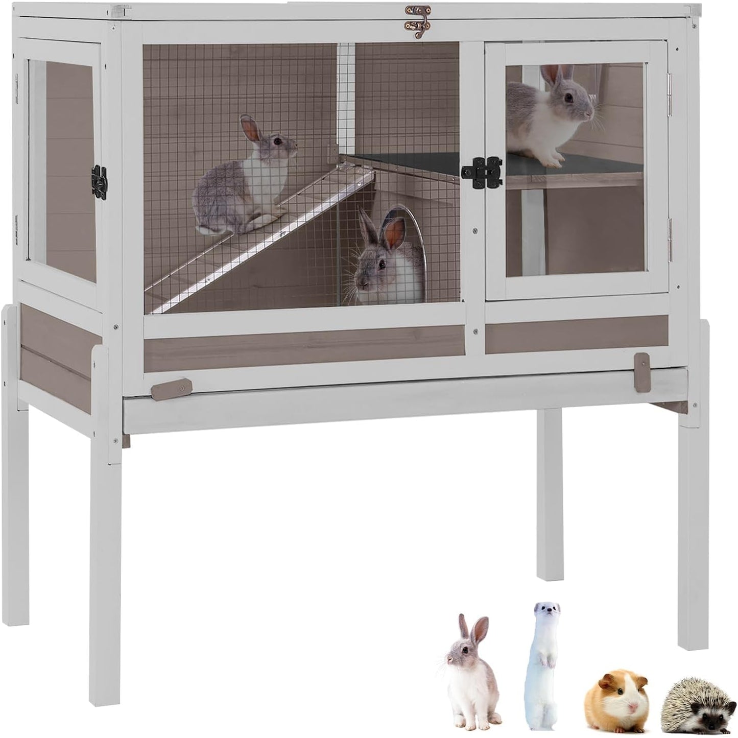 GUTINNEEN Rabbit Hutch Guinea Pig Cages Indoor with Stand Wooden Small Animals Cage Hutch Hamster Cage with Hideout,Pull Out Tray, Anti Chew Ramp(Brown)