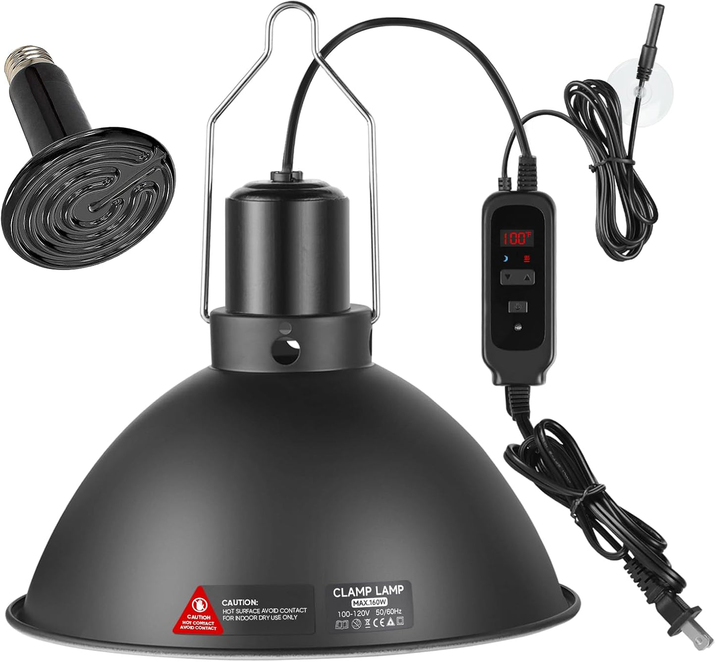 DXOPHIEX 8.5inch Reptile Heat Lamp with Thermostat, Reptile Light Fixture with Dimming Thermostat, Deep Dome Lamp Fixture with 150W Ceramic Heat Emitter for Bearded Dragon, Turtles, Snake and Lizard