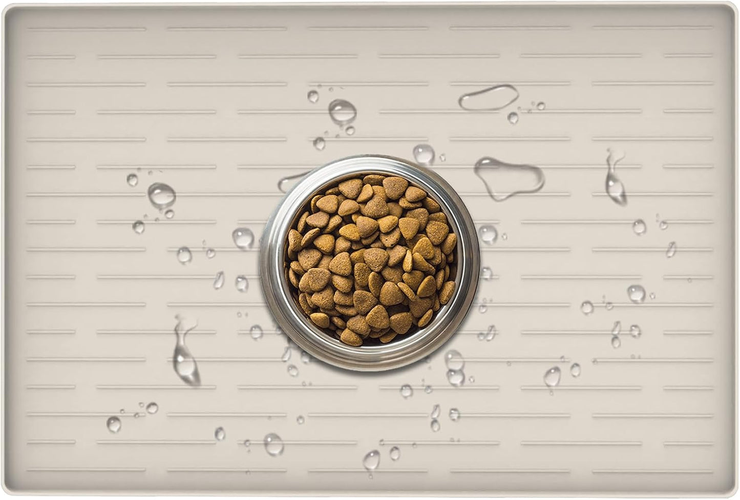 24" x 16" Dog Food Mat, Silicone Pet Mats for Food and Water, Nonslip Pet Feeding Mats for Floors, Dog Cat Bowl Mat with Raised Edges, Beige