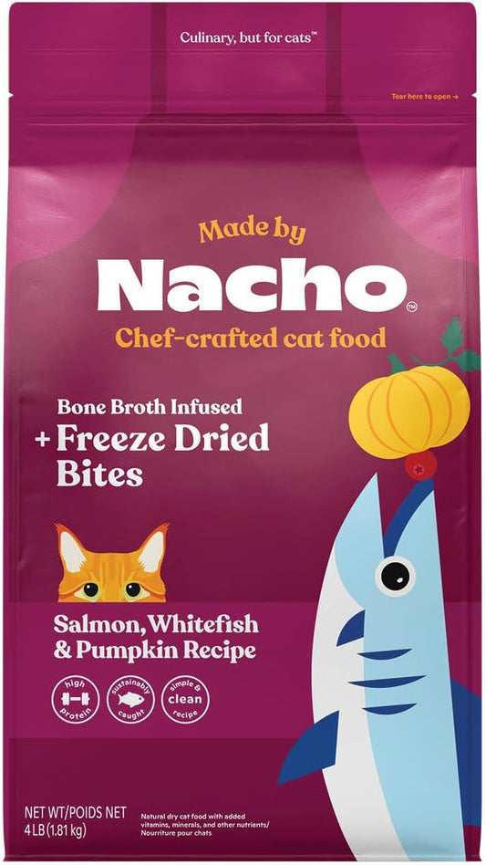 Made by Nacho Dry Cat Kibble 4lb Bag, High Protein Premium Cat Food with Freeze Dried Pieces, Sustainably-Caught Salmon, Whitefish & Pumpkin, Limited Ingredients, Single Bag