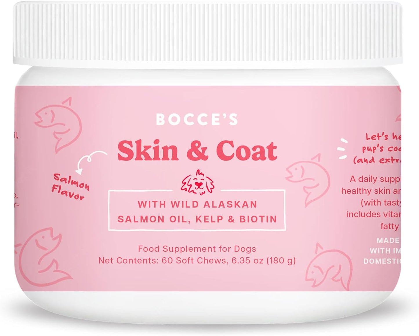 Bocce's Bakery Skin & Coat Supplement for Dogs, Daily Chews Made in The USA with Vitamin E & Essential Fatty Acids, Supports Healthy Skin & Coat, Salmon, 60 ct, Red (DG-SP-SKIN60)