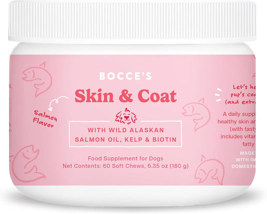 Bocce's Bakery Skin & Coat Supplement for Dogs, Daily Chews Made in The USA with Vitamin E & Essential Fatty Acids, Supports Healthy Skin & Coat, Salmon, 60 ct, Red (DG-SP-SKIN60)