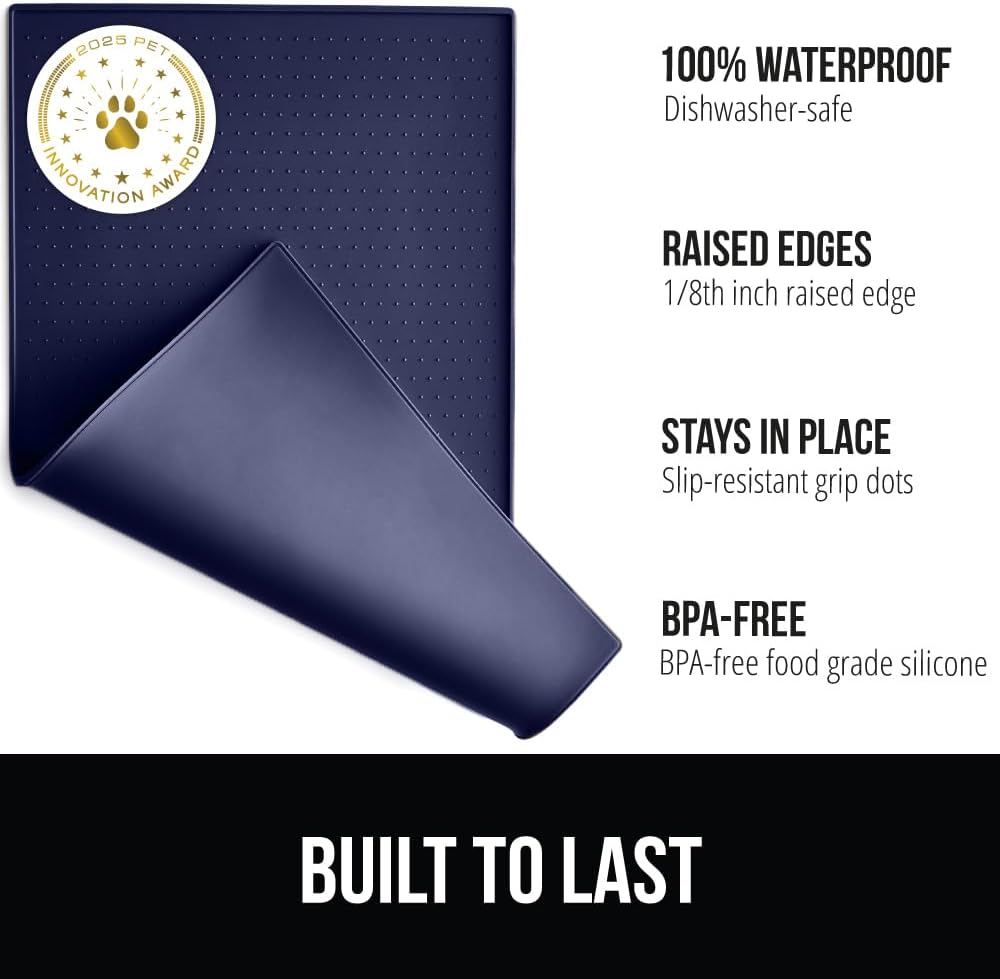 GORILLA GRIP 100% Waterproof Raised Edge BPA Free Silicone Pet Feeding Mat, Dog Cat Food Mats Contain Spills Protects Floors, Placemats for Cats and Dogs Water Bowl, Pets Accessories 16x10, Navy