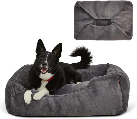 FUZI Luxury Aesthetic Dog Bed with Extra Cover for Large Dogs, Washable Pet Couch, Pet Bed with Sides, Non-Slip Bottom, Soft and Durable Calming Dog Bed, Faux Rabbit Fur, Large 35.6x28.5x9.5 Dark Grey