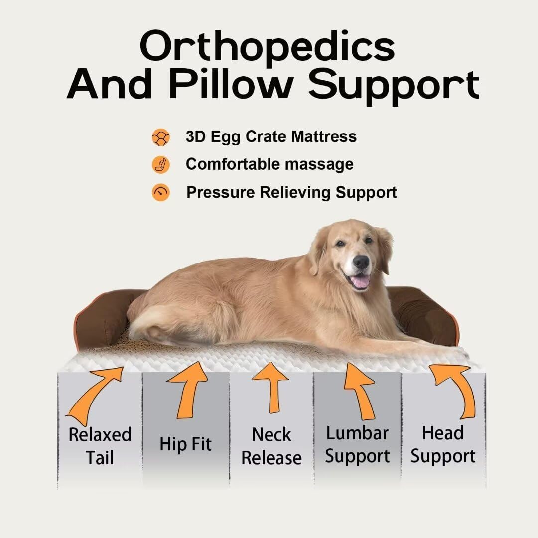 Large Dog Bed Orthopedic Washable - Beds Bolster - Extra Large Big Dogs - Waterproof with Removable Cover - Memory Foam Couch Sofa - Coffee Dog Bed
