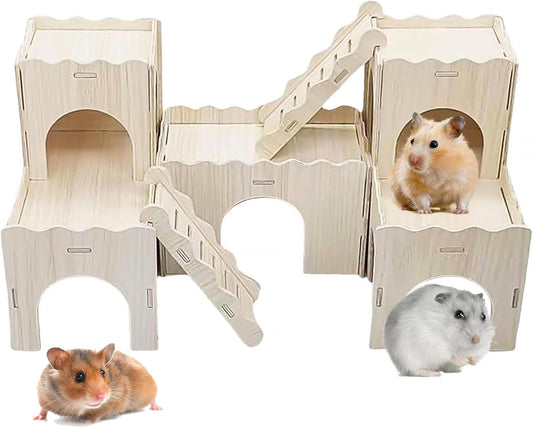 Large Wooden Hamster House Castle with Double Decker,Large Hamster, Wooden Hamster Houses,Dwarf Hamster Habitat Hideout with Climbing Ladder,Large Guinea Pig Castle Detachable Hideouts(c)