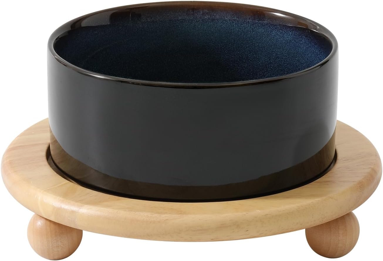 Ceramic Elevated Dog Food and Water Bowl, Kitty Bowl, Raised Dog Dish, Pet Feeder (6inch, 1 x Starry Sky + Stand)