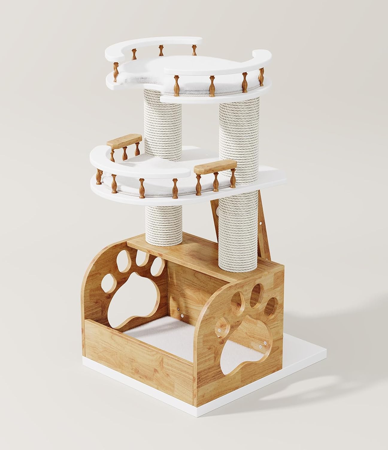 Modern Cat Tree, Solid Wooden Cats Tower, 37" Luxury Cats Trees Condo for Large Cat, Multi-Level Cat Tree Tower Natural Cat House Furniture, with Scratching Posts, Removable Washable Cushions