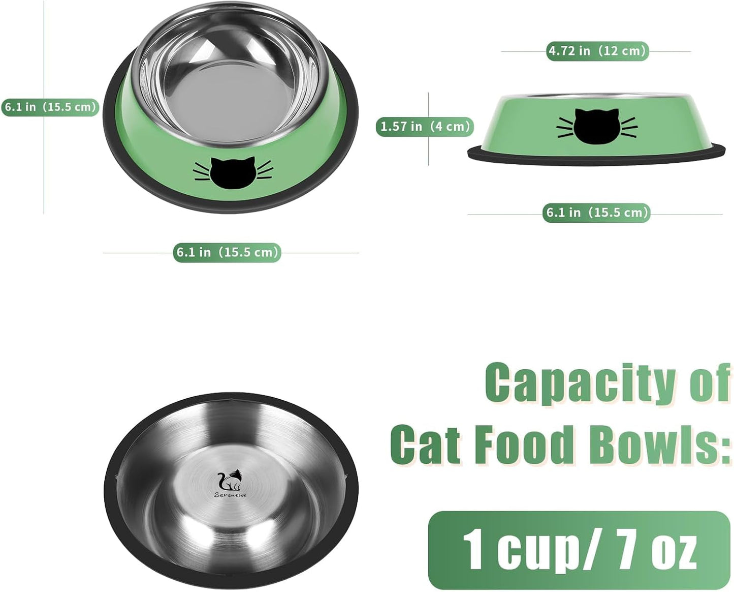 2 Pcs Non-Slip Stainless Steel Small Cat Food Bowls - Unbreakable, Thicken Cat Feeder 7 Oz Dishes with Removable Rubber Base, Easily Clean, Lovely Color