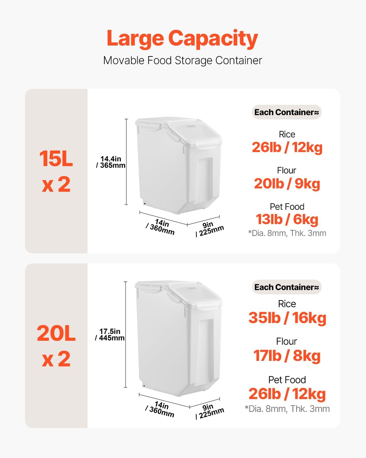 VEVOR Rice Storage Container, 3.5Gal/15Lx2 + 4.5Gal/20Lx2 Large Dog Food Dispenser Bin, Kitchen Ingredient Grain Cereal Bin, Pet food Containers with Wheels, 4 Measuring Cups, Airtight Lid, 4 Pack