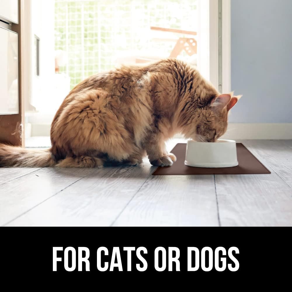 GORILLA GRIP 100% Waterproof Raised Edge BPA Free Silicone Pet Feeding Mat, Dog Cat Food Mats Contain Spills Protects Floors, Placemats for Cats and Dogs Water Bowl, Pets Accessories 28x18 Brown