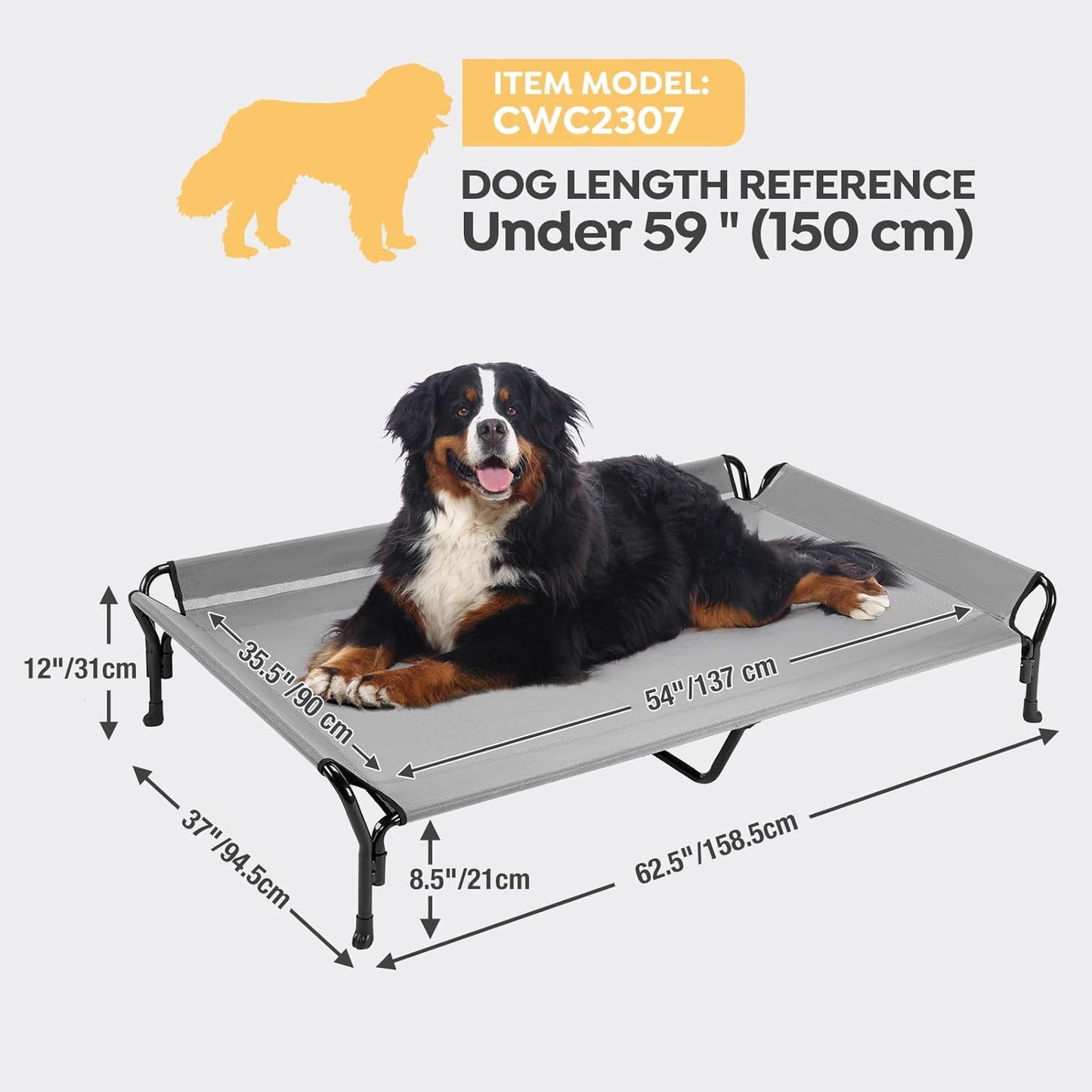 Veehoo Cooling Elevated Dog Bed, Guardrail Raised Pet Cot, Indoor & Outdoor XXL Pet Bed with Washable & Breathable Teslin Mesh, Non-Slip Feet, Dog Couch Bed, 62.5" x 37", Grey