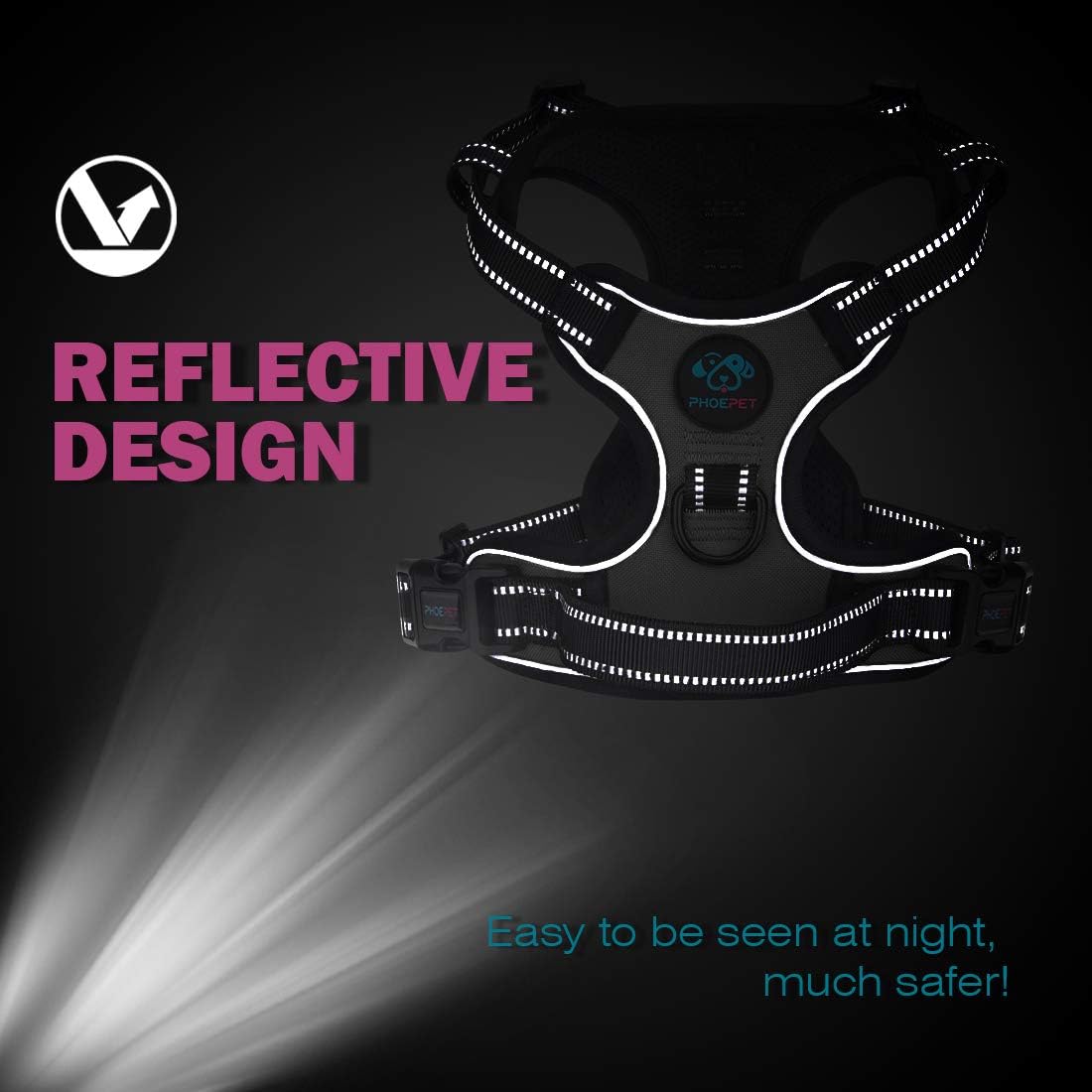 PHOEPET Reflective Dog Harness No Pull Large Breed Vest with 2 Metal Leash Attachment Hooks(L, Black)
