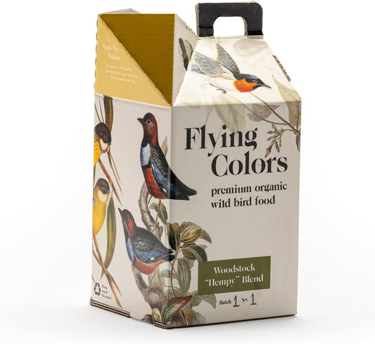 Flying Colors Premium Organic Wild Bird Seed | Woodstock 'Hempy' Blend | 100% USDA Organic Ingredients | No Fillers, No Pesticides | Sunflower Seed, Peanut, Safflower, Hemp | 3 Gallon Easy-Pour Carton