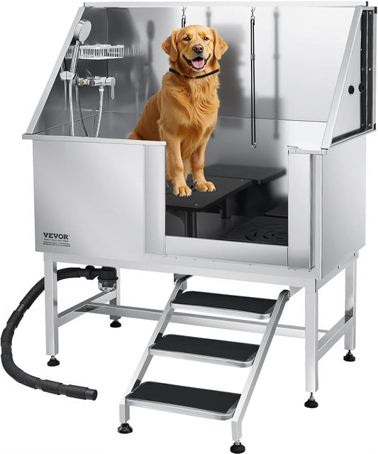 VEVOR Stainless Steel Dog Washing Station, 50 inch Pet Grooming Tub w/Stairs, PE Water Filter Board, Faucet & Showerhead & Soap Holder Dog Bathtub for Large & Medium & Small Pets (Right Door)