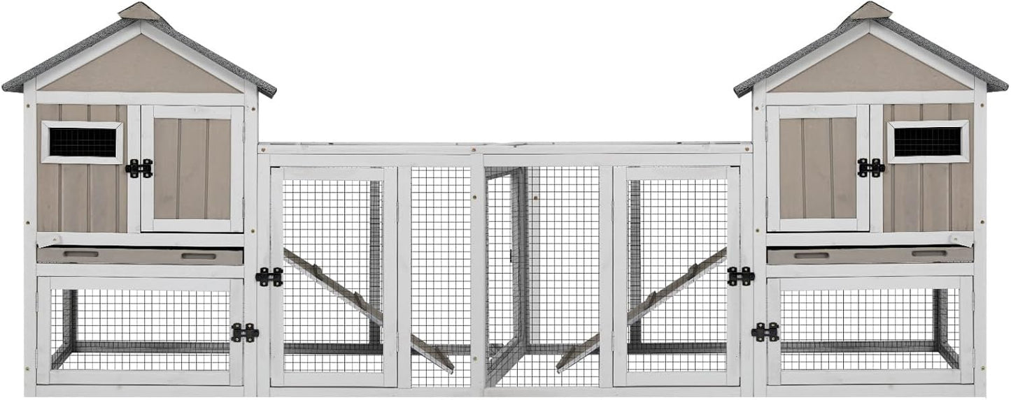 94''L Rabbit Hutch Outdoor Chicken Coop with Run, Wooden Indoor 2 Story Bunny House with Waterproof Roof, Pull Out Tray, Guinea Pig Rabbit Duck Cage for Small to Medium Animals and Pet Lover, Gray