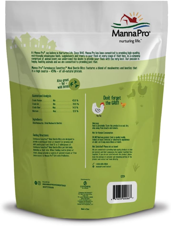 Manna Pro Farmhouse Favorites Beetle Bliss Poultry Treat – Blend of Mealworms and Beetles – All Natural Treat for Chickens, Ducks, Geese, Turkeys, & Guinea Fowl – 45% Protein – 2lb Bag