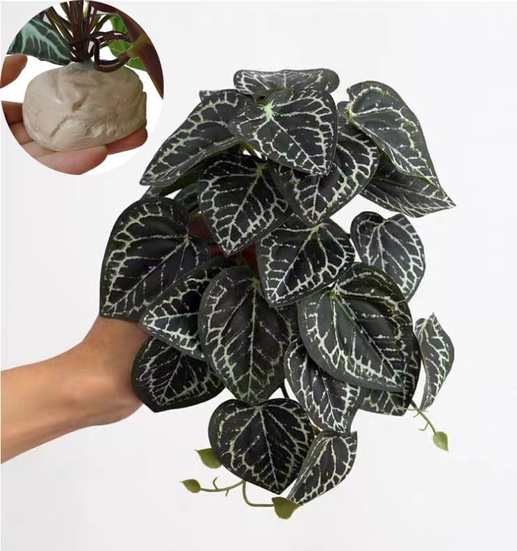 Reptile Plants for Terrarium,Amphibian Habitat Decor,Artificial Plants for Gecko Chameleon Snake Tortoise Bearded Dragon Tank Accessories with Base（Anthurium Crystallinum）