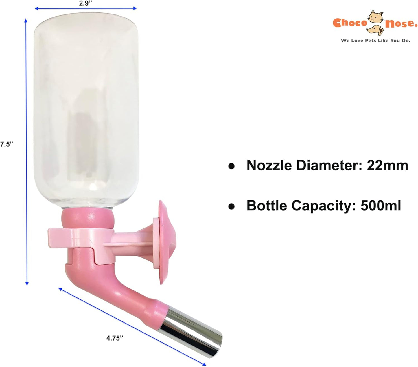 Choco Nose Patented No-Drip Water Bottle/Feeder for Large Dogs Over 50 lbs - Wire Cages, Crates or Kennels. 16 oz. X-Large Nozzle 22mm, Pink