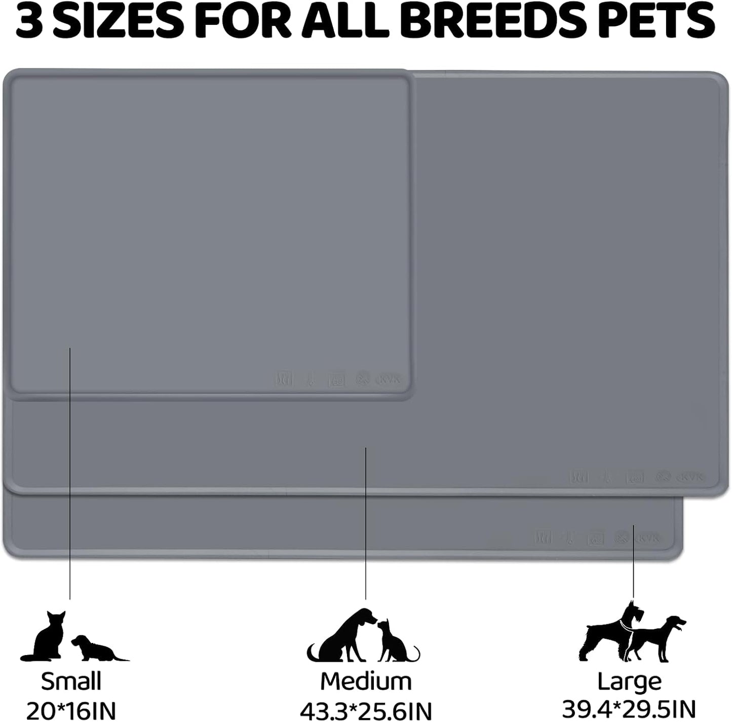 KVK Dog Water Mat 2-Pack 20×16in - Silicone Dog Mats for Food and Water, Non-Slip Pet Feeding Mat for Floors, Waterproof Cat Bowl Mats to Prevent Spills - Silver Gray & Cream