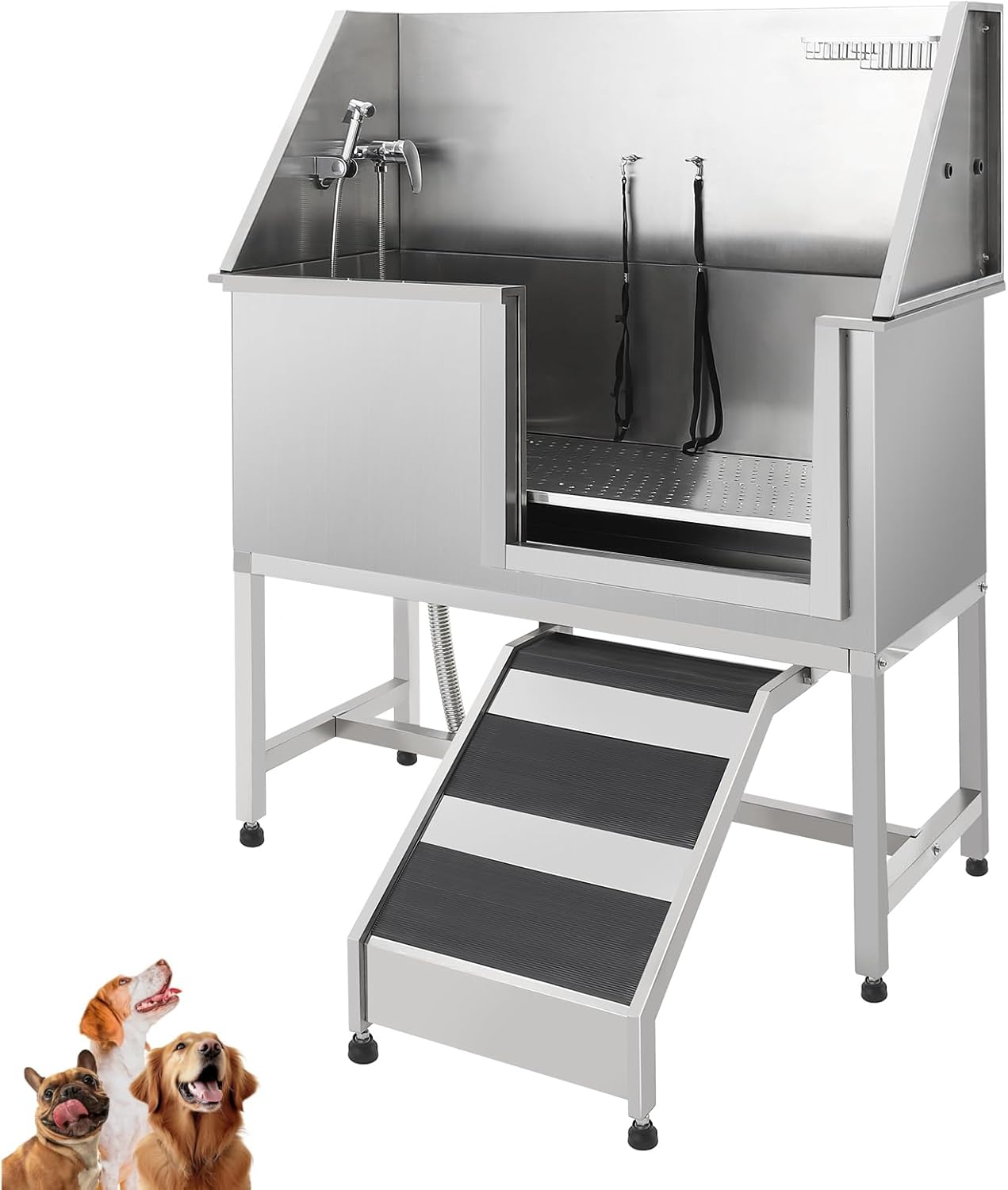 Stainless Steel Dog Washing Station - Dog Bath Tub for Large, Medium, Small Dogs, Pet Grooming Tub with Ramp, Non-Slip Grate, Shower, Soap Box, Faucet, Drain for Home & Outdoor （Right RAMP, 50"）