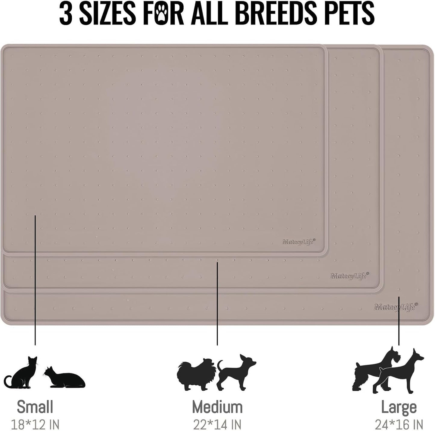 MateeyLife Dog & Cat Food Mat - Waterproof, Nonslip, Raised Edges, Silicone Tray for Messy Drinkers, 18"x12", Taupe