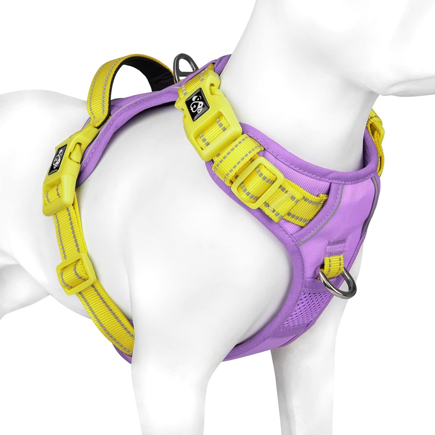 PHOEPET No Pull Dog Harness, Unique Colors Reflective Adjustable Dog Vest, with Soft Training Handle Metal Clips for Small Medium Large Dogs (Baby Purple Base & Yellow Straps,L)