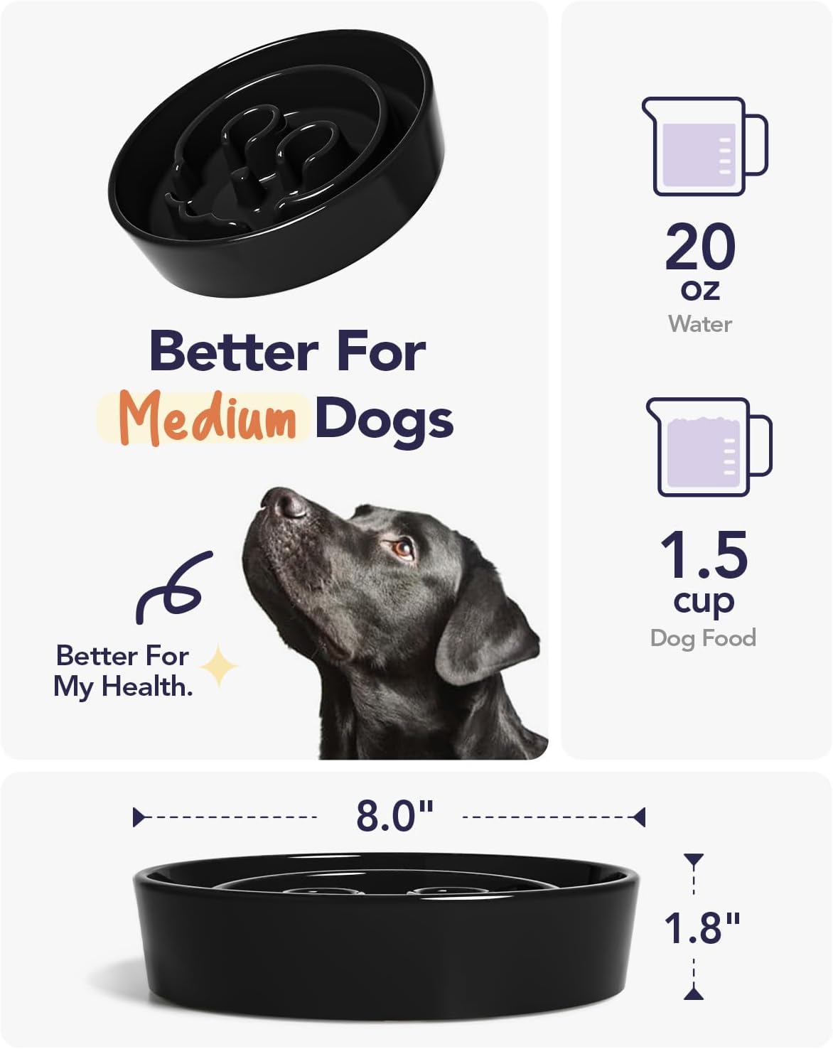 LE TAUCI Dog Bowls Slow Feeder Ceramic, 1.5 Cups Slow Feeding Dog Bowl Small Medium Breed, Puppy Bowl for Fast Eaters,Skull Black