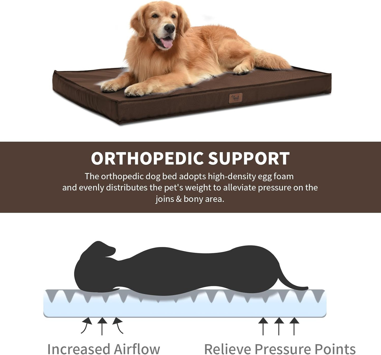 Outdoor All Weather Waterproof Dog Bed, Orthopedic Dog Bed for Extra Large Dogs, Egg Foam Pet Bed with Washable and Removable Oxford Cooling Cover, Brown