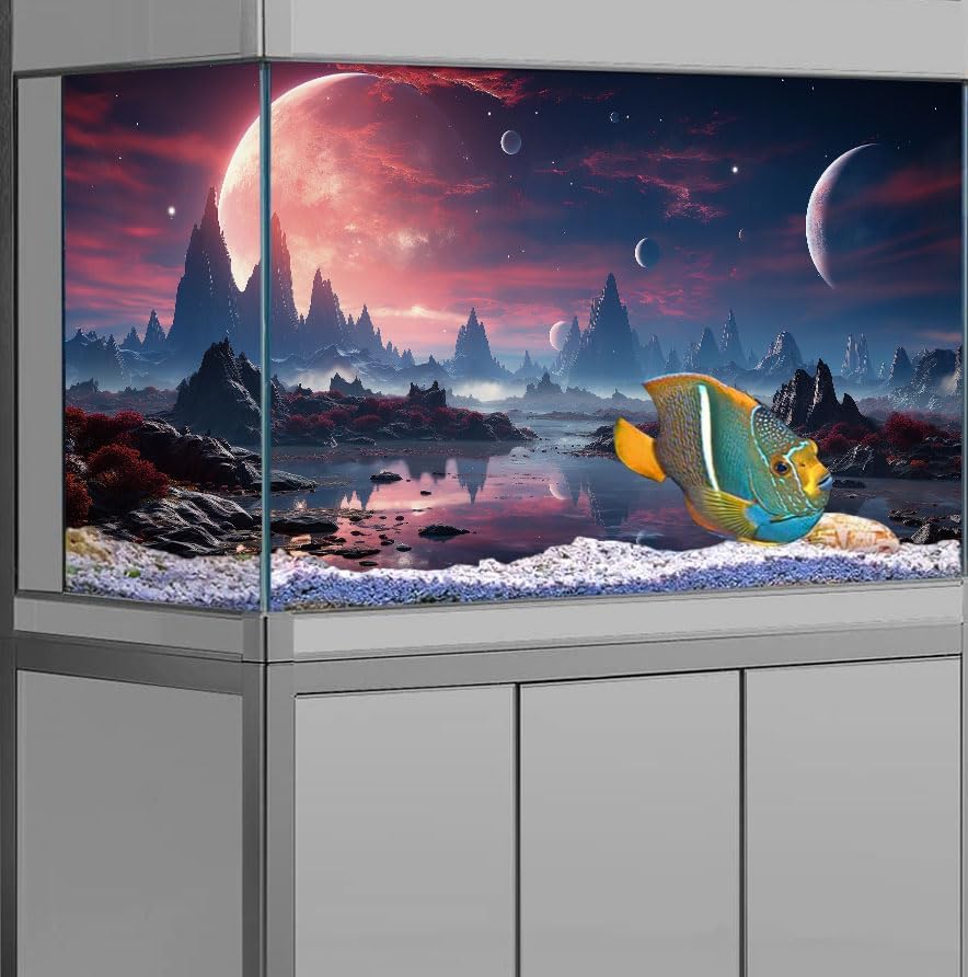 48X18IN Cosmic Spaceterrarium Background, Cool Parallel Space Themed Aquarium Reptile Habitat Background, Red Moon Aquarium Background with 10EVA Double-Sided Tape