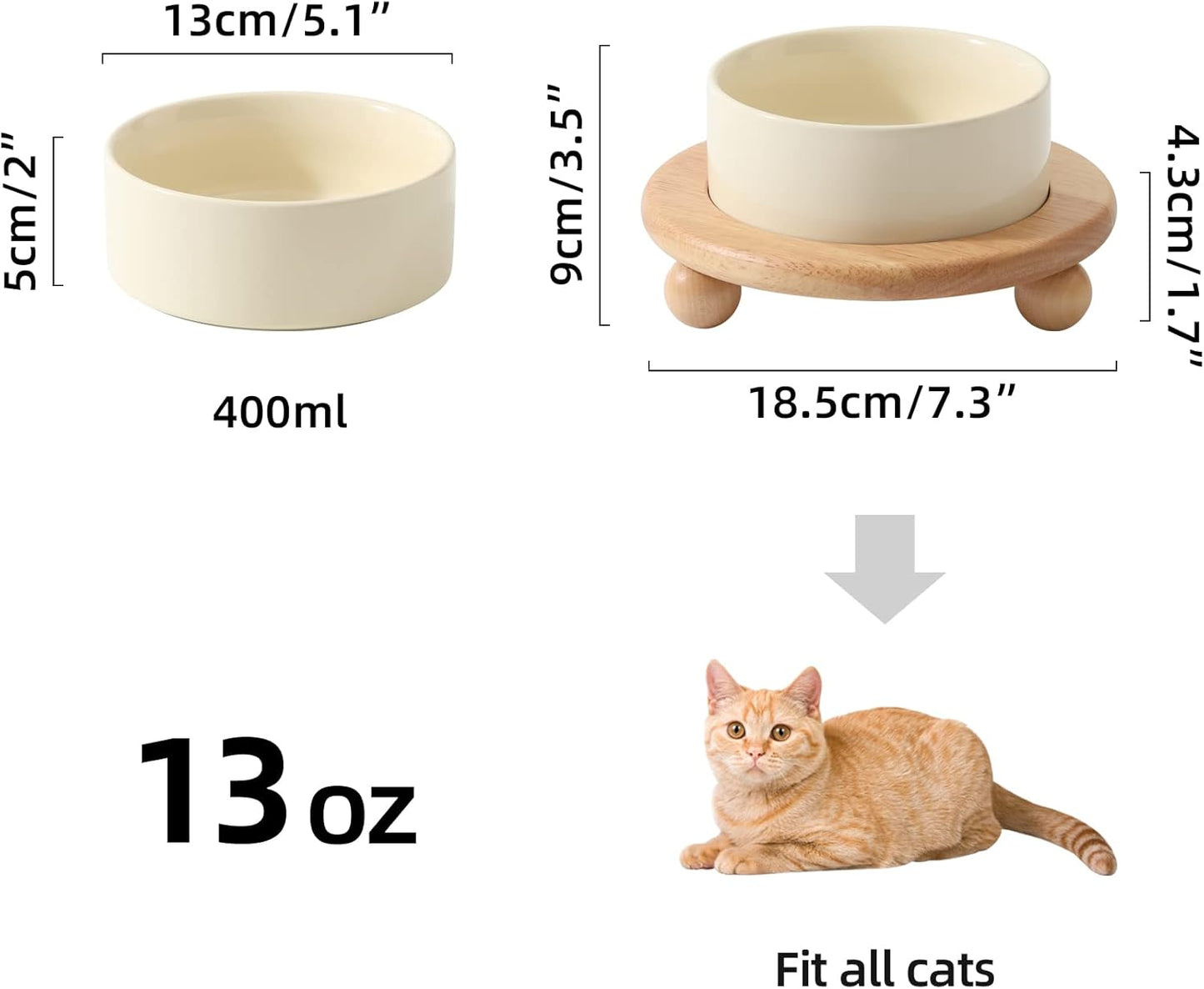Ceramic Elevated Cat Food and Water Bowl, Kitty Bowl, Raised Cat Dish, Pet Feeder (5.1 in,1 x Beige + Stand)