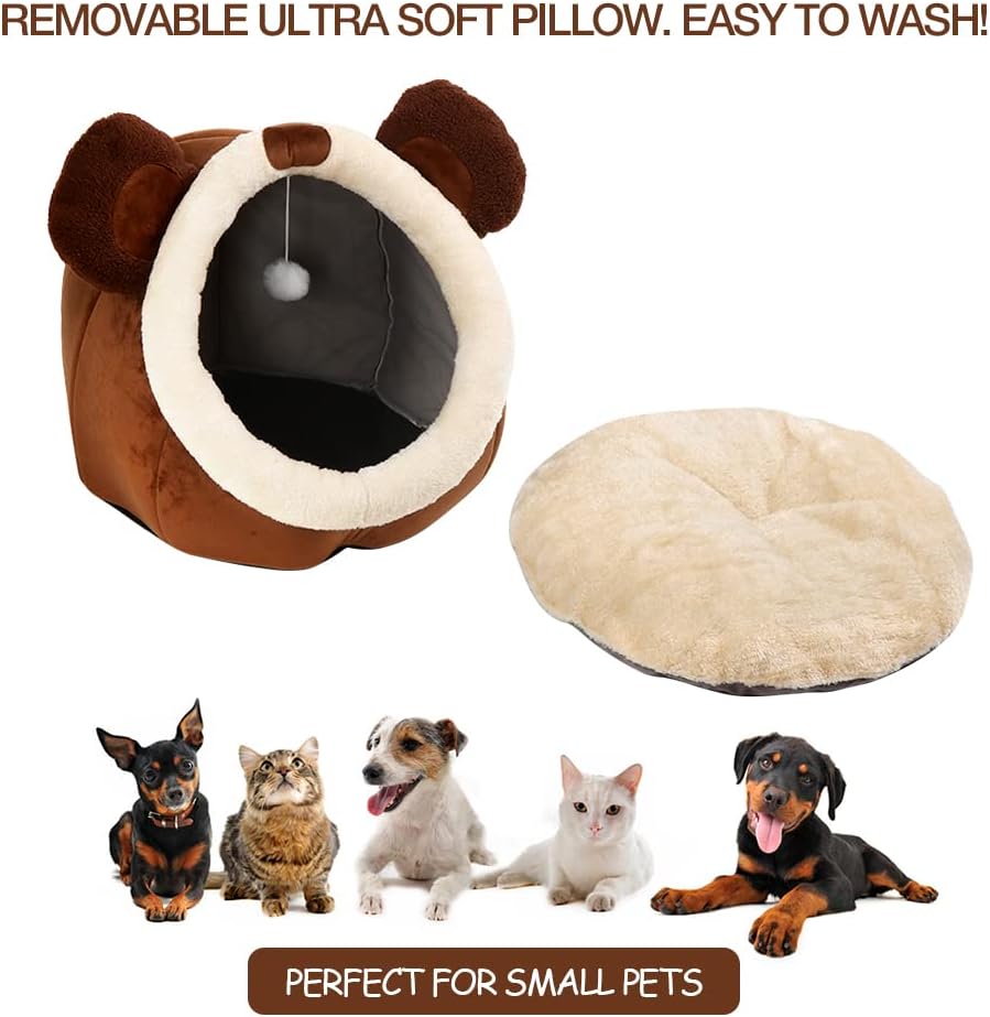 Cat Beds for Indoor Cats - Cat Bed Cave with Removable Washable Cushioned Pillow, Soft Plush Premium Cotton No Deformation Pet Bed, Roomy Bear Cat House Design, Multiple Sizes-L