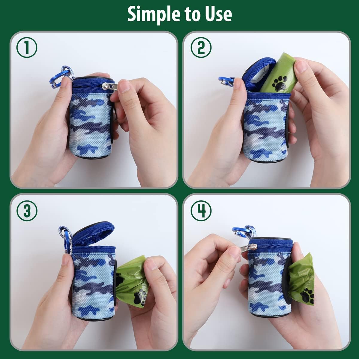 Dog Poop Bag Holder for Leash Doggie Waste Bag Dispenser Puppy Potty Carrier Small Doggy Zipper Pouch with Carabiner Clip 1680D Nylon Oxford with 1 Roll of Pet Trash Bags, Sky Blue Camo